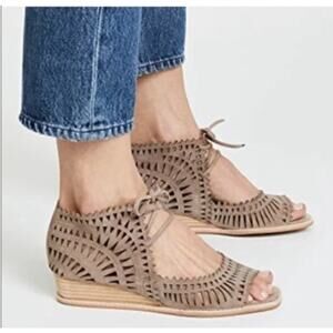 JEFFREY CAMPBELL Espejo Taupe Suede Lace up Square Toe Laser Cut Wedge Sandals 7
